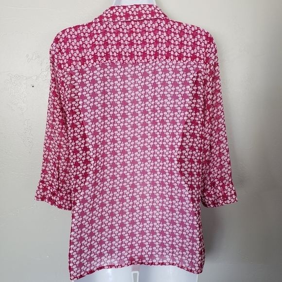 Downeast Basics Small Magenta Pink Chiffon Blouse White Polka Dot Button Up Top - Picture 5 of 9